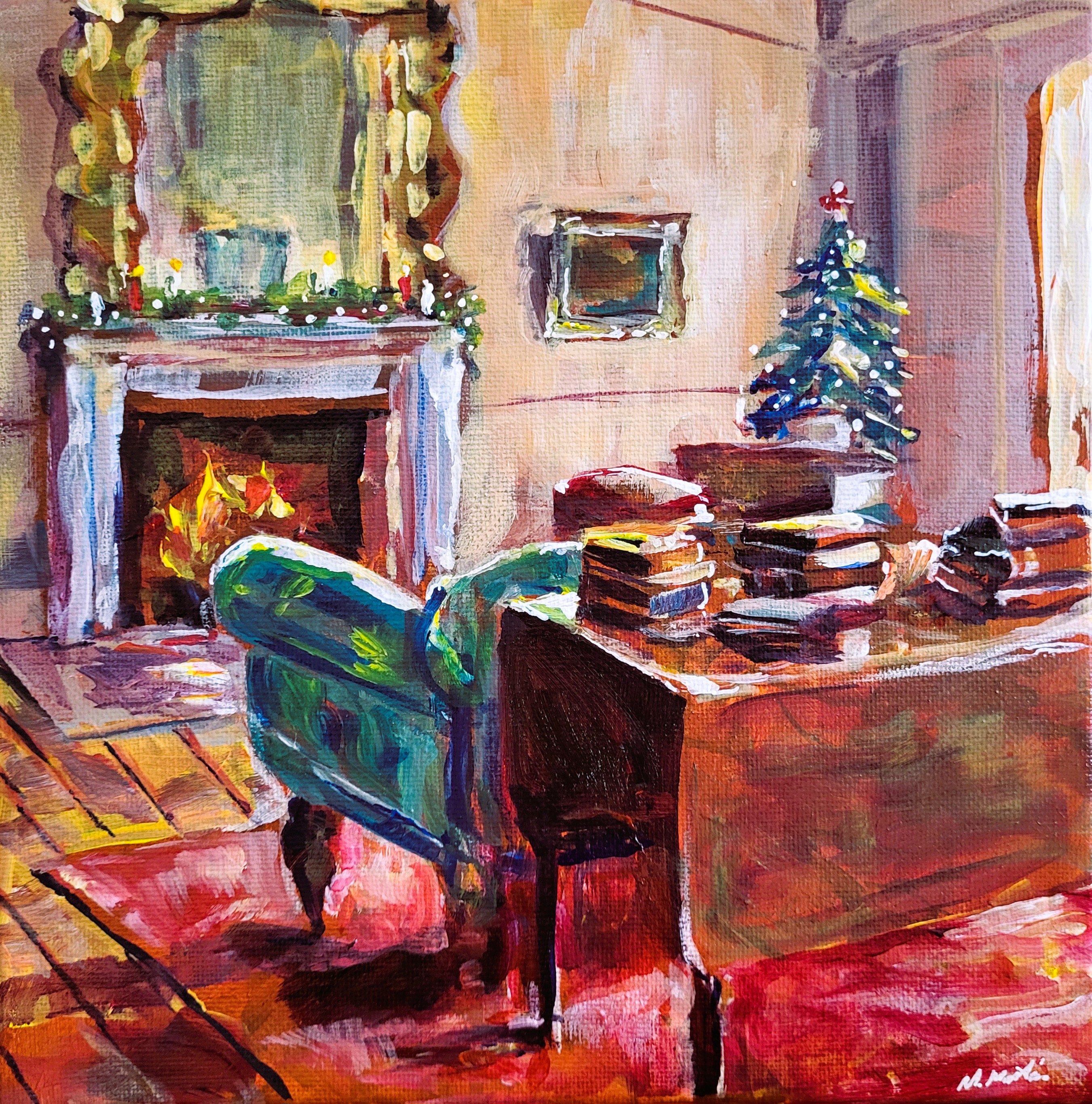 a lovely expressive interior during the holidays painting in acrylic
